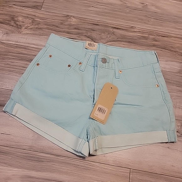 Levi's 501 Shorts Womens 28 Mint Green Mid Rise Cuff Hem‎ Denim Button Fly NEW - Picture 1 of 11